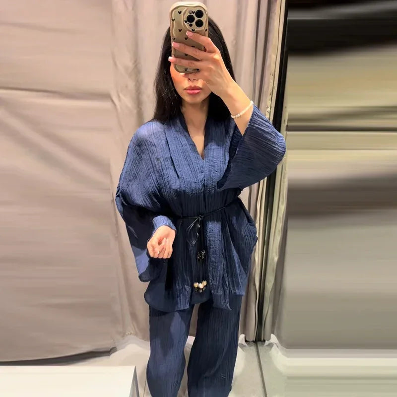 Women's Lace Up Blouses Pants Sets V-neck Long Flare Sleeve Tops Wide Leg Trousers Suit Women 2026 Summer Casual 2 Pieces Set