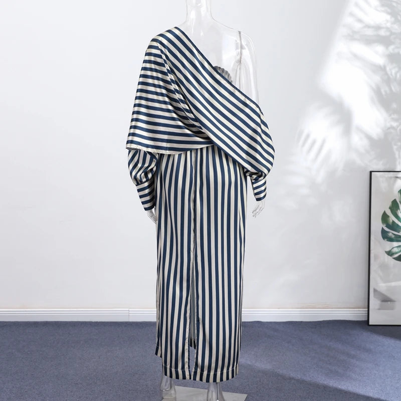 Fashion Stripe Capelet Strapless Dress Set Women's Detachable Shawl Loose Maxi Dresses 2026 Summer New Lady Casual Streetwear