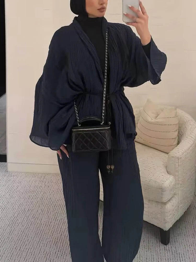 Women's Lace Up Blouses Pants Sets V-neck Long Flare Sleeve Tops Wide Leg Trousers Suit Women 2026 Summer Casual 2 Pieces Set