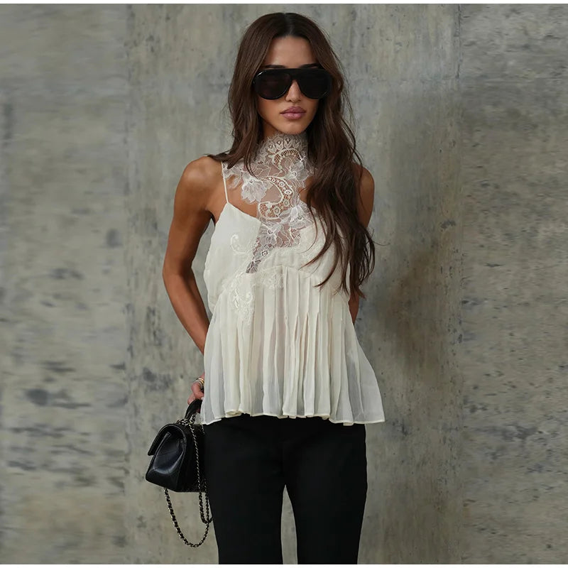 Fashion Asymmetric Floral Lace Halter Neck Cami Women's Sleeveless Chiffon Ruffle Hem Top 2026 Summer Lady Beach Vacation Wear