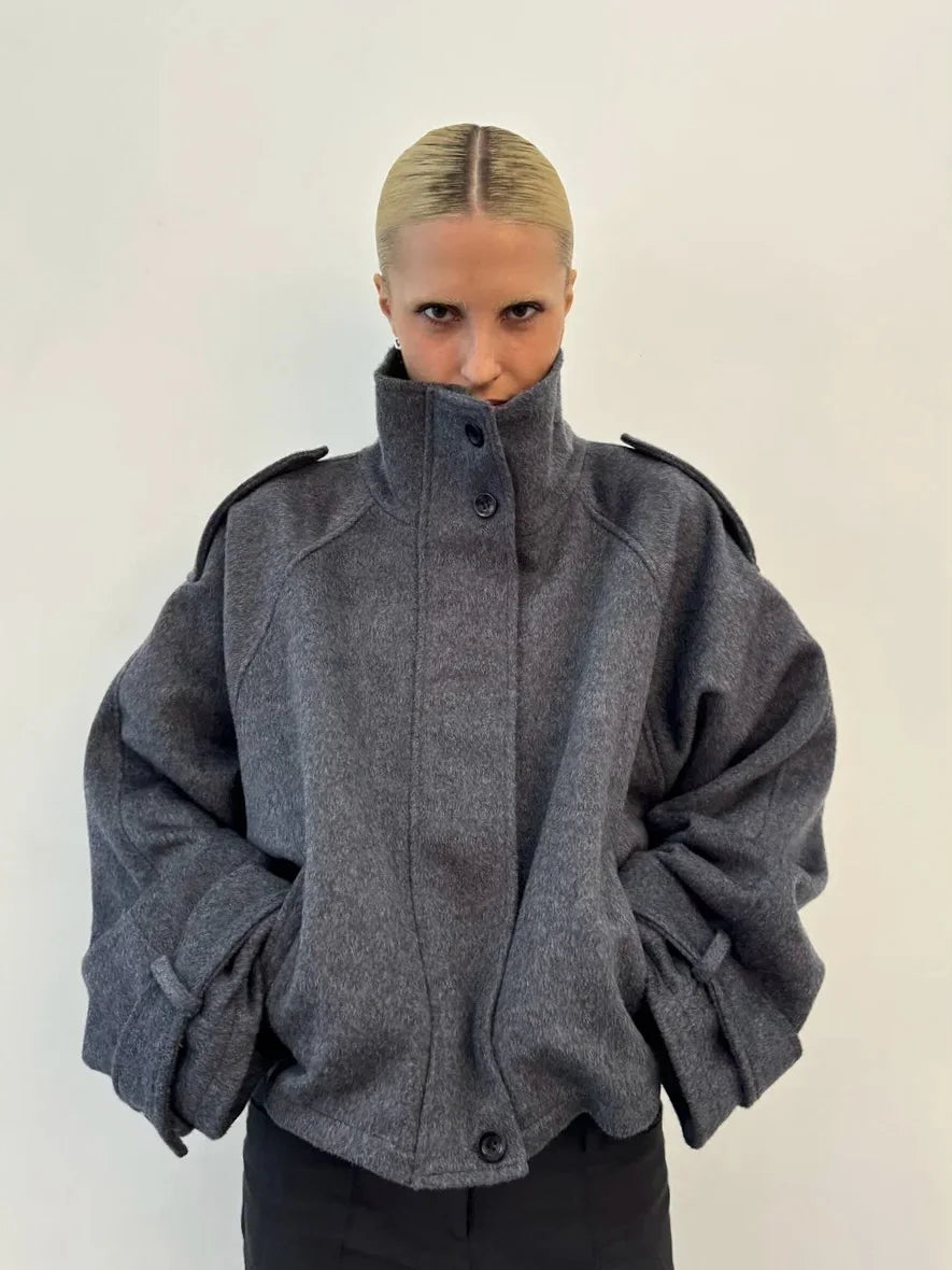 Elegant Woolen Single Breasted Jacket Women Loose Full Sleeve Big Pockets Lapel Outwear Lady 2026 Summer Autumn Coats Female
