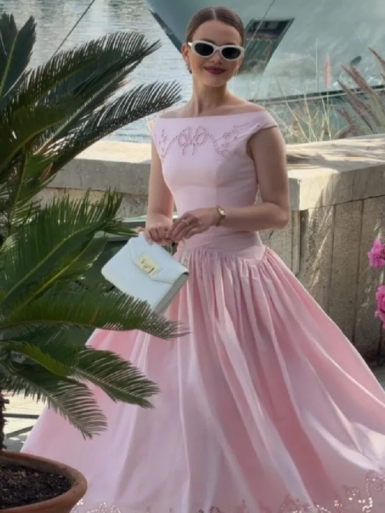 Minimalist White Boat Neck Midi Dress Women Elegant Cap Sleeve A-line Flare Eyelet Embroidery Vestido Wedding  Formal Party Gown
