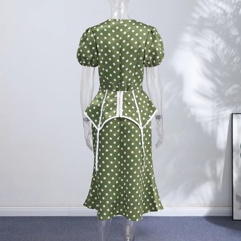 Polka Dot Women Dress Round Neck Puff Sleeve Dress High Waisted Mini Dress Waist Cincher Design Elegant Fashion Outfit 2026