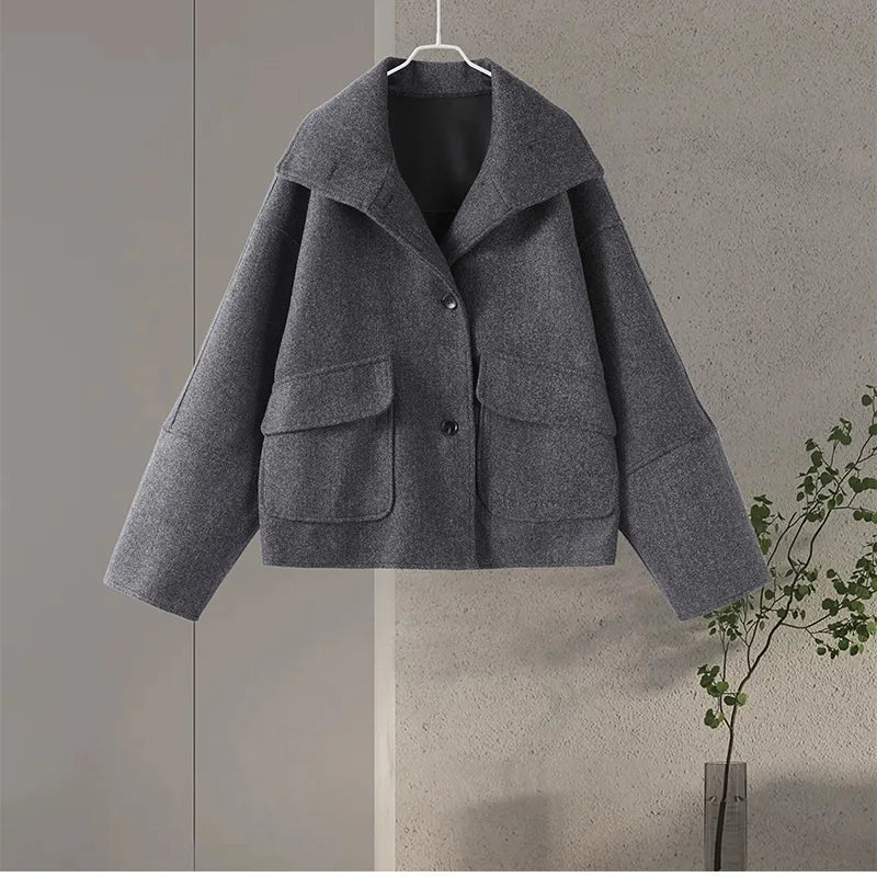 Elegant Woolen Single Breasted Jacket Women Loose Full Sleeve Big Pockets Lapel Outwear Lady 2026 Summer Autumn Coats Female
