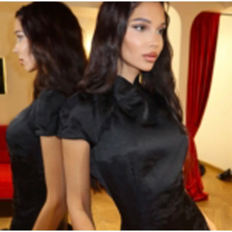 Elegant Satin Irregular Ruffle Hem Mini Dress Women Solid Stand Collar Short Sleeve Slim Dressess 2026 Lady Party Evening Gown
