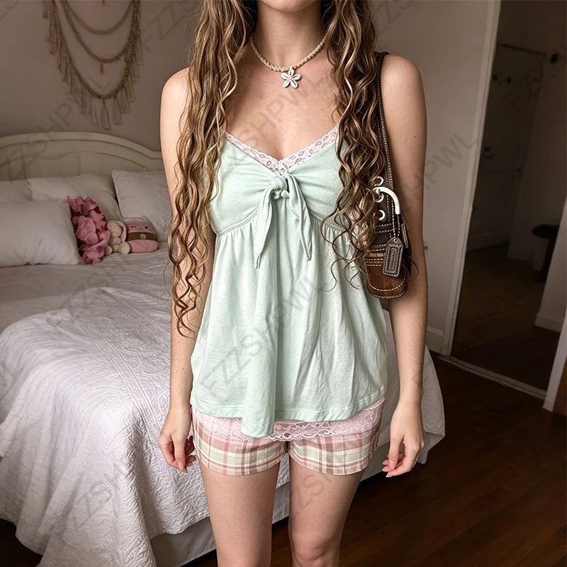 Y2K Japanese Summer Women's Camisole Top Sexy Cute Slim Fashion Casual Lace Solid Color Crop Tee Kawaii Sweet Girlish Streetwear