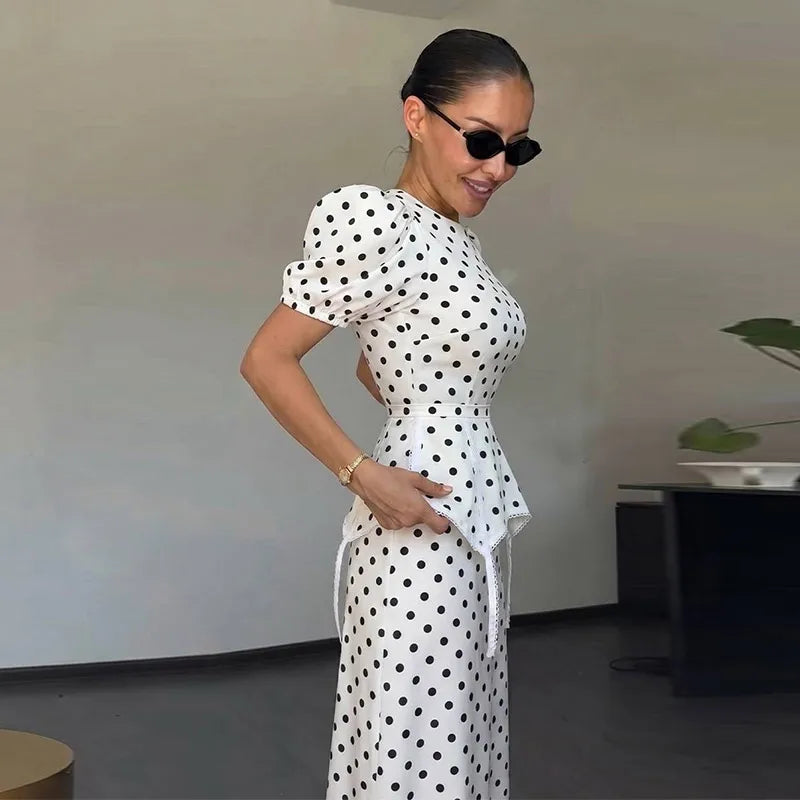 Women's Polka Dot Peplum Waist Dress Round Neck Puff Sleeve Fitted Silhouette Lace Trim Structured Midi Gown Elegant Slim