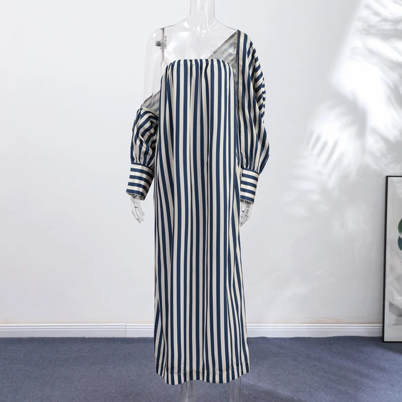Fashion Stripe Capelet Strapless Dress Set Women's Detachable Shawl Loose Maxi Dresses 2026 Summer New Lady Casual Streetwear