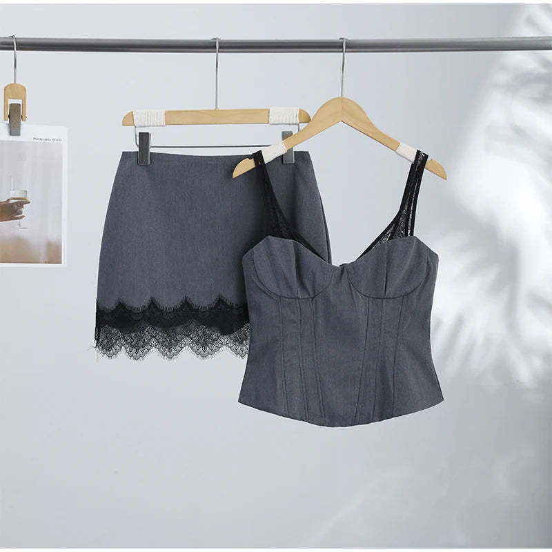 Square Neck Sleeveless Women's Two Piece Set Bone Support Corset Crop Top Waist Cut Out Mini Skirt Scallop Lace Trim Set 2026