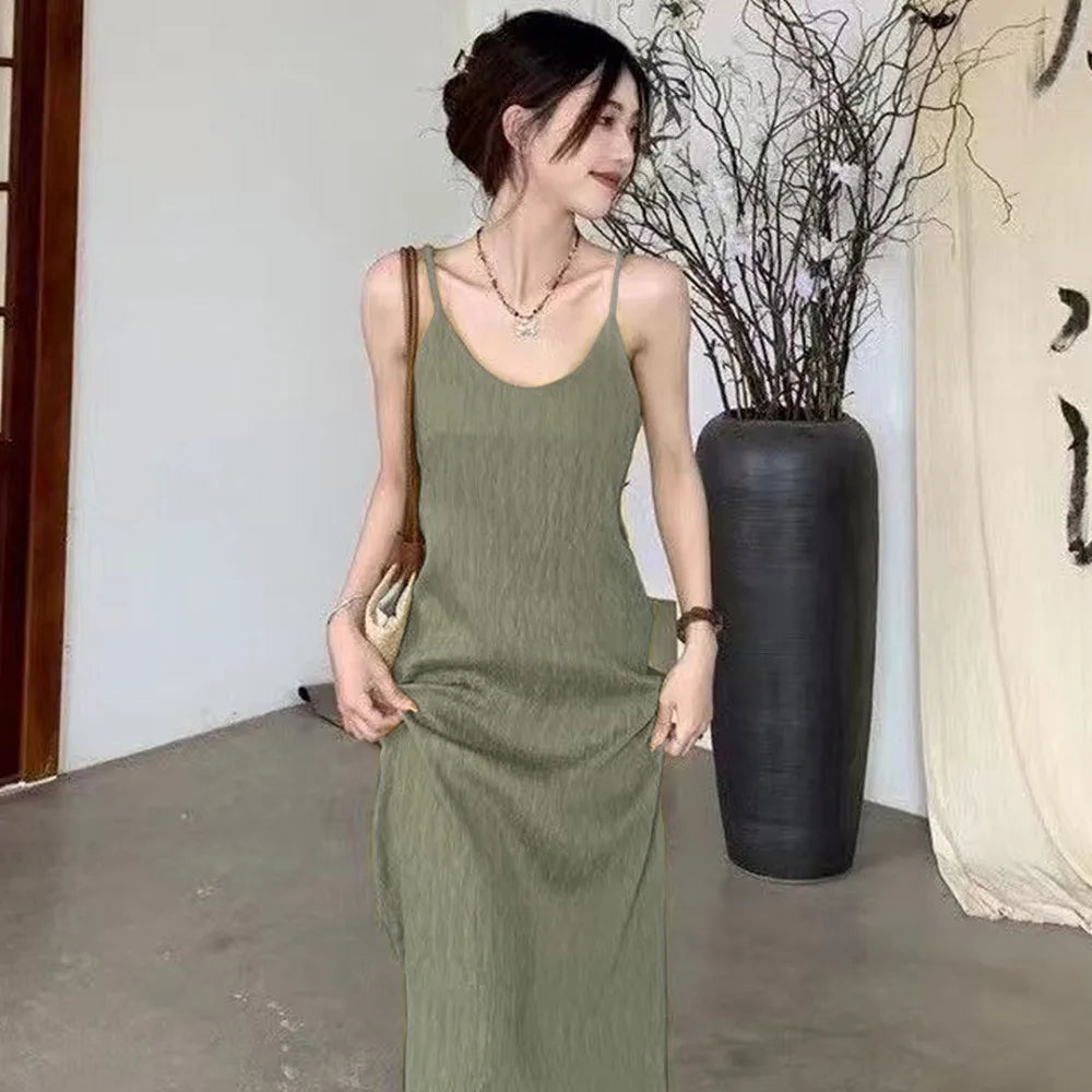 Cami Maxi Dress, French Style Loose Fit Sleeveless Casual Vacation Daily Summer Long Dress