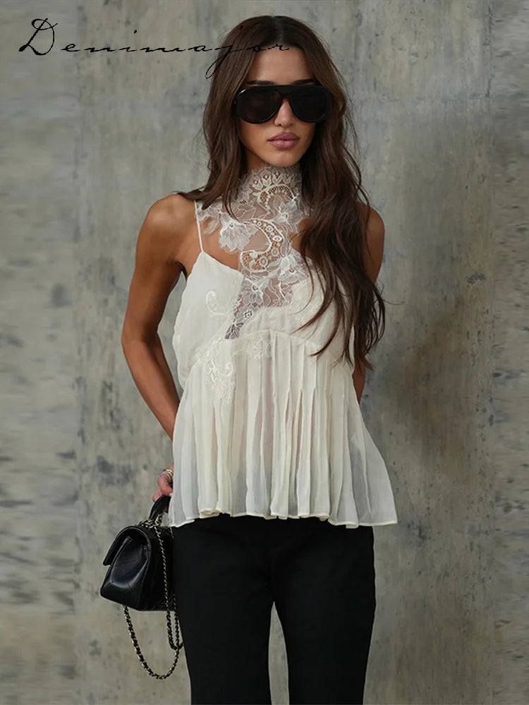 Fashion Asymmetric Floral Lace Halter Neck Cami Women's Sleeveless Chiffon Ruffle Hem Top 2026 Summer Lady Beach Vacation Wear