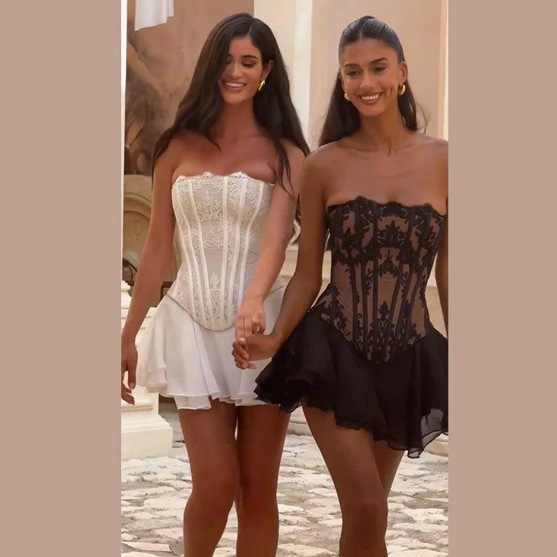 Lace Bone Corset Women Two Piece Set Back Lace Up Fitted Top Double Layer Tulle Flare Mini Skirt Evening Party Daily Outfit