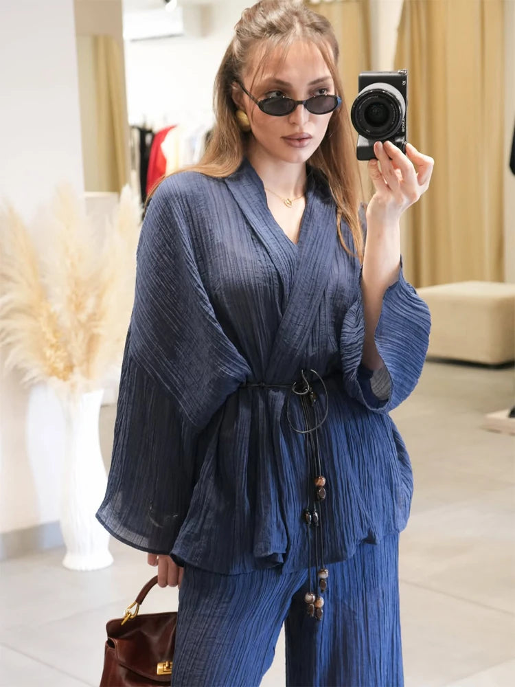 Women's Lace Up Blouses Pants Sets V-neck Long Flare Sleeve Tops Wide Leg Trousers Suit Women 2026 Summer Casual 2 Pieces Set