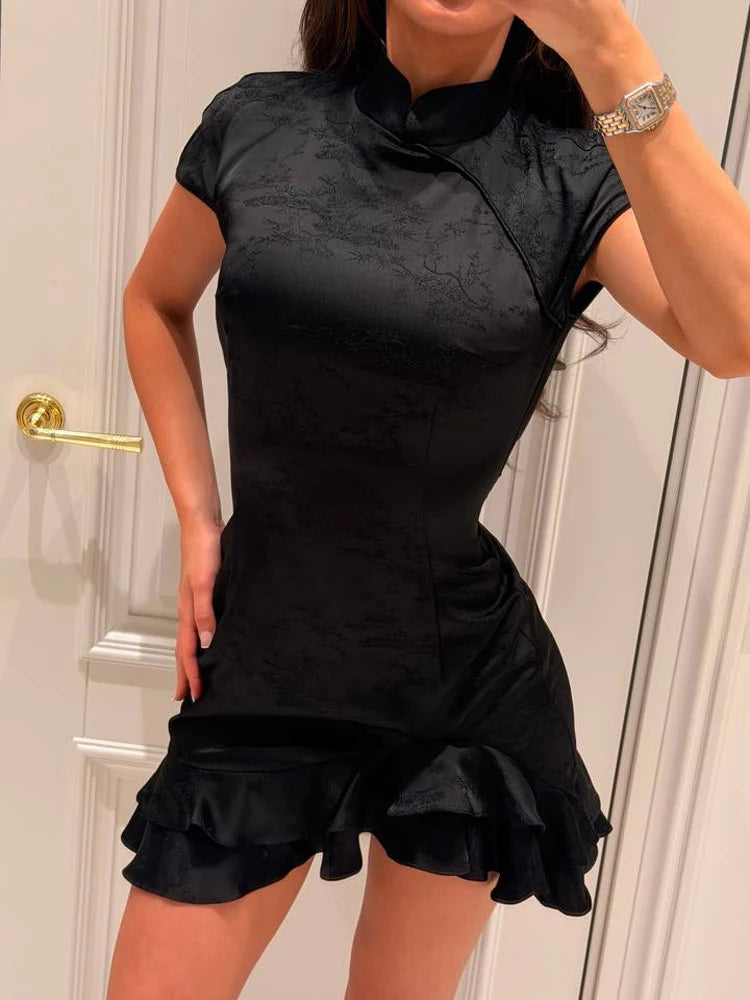 Elegant Satin Irregular Ruffle Hem Mini Dress Women Solid Stand Collar Short Sleeve Slim Dressess 2026 Lady Party Evening Gown