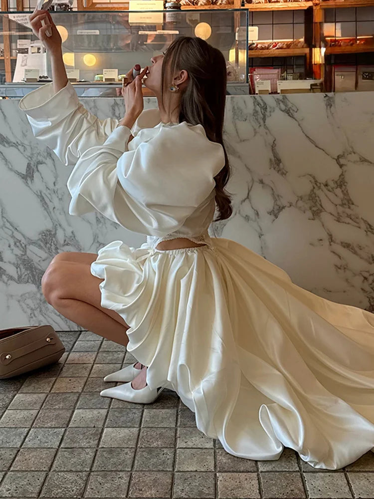 Fashion White Pleated Bubble Skirt Set Women O-neck Full Sleeve Crop Top Chic Puff Skirts Suits 2026 Lady Evening Party Outfit