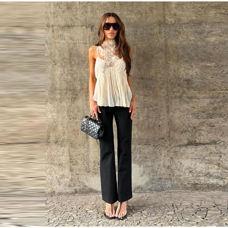 Fashion Asymmetric Floral Lace Halter Neck Cami Women's Sleeveless Chiffon Ruffle Hem Top 2026 Summer Lady Beach Vacation Wear