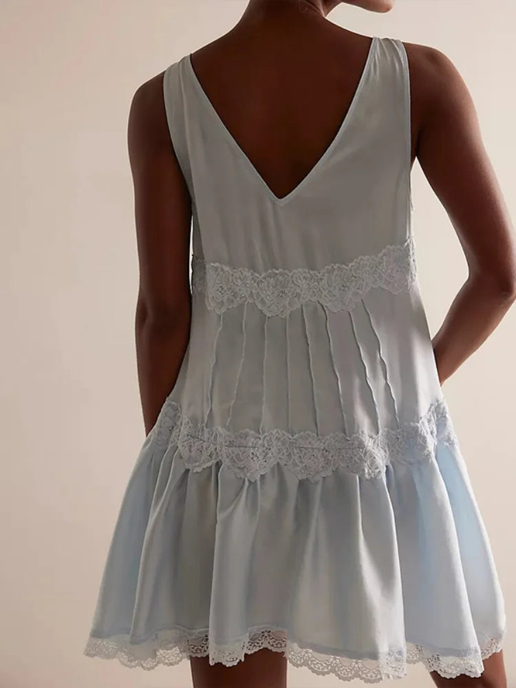 Women's A-Line Dress V-Neck Sleeveless Lace Trim Tiered Flared Casual Daily Wear Dress Stylish Ladies Frock