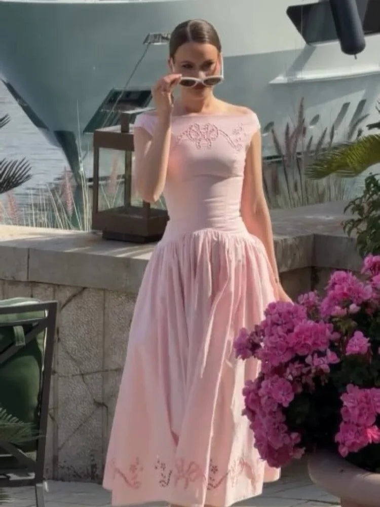 Minimalist White Boat Neck Midi Dress Women Elegant Cap Sleeve A-line Flare Eyelet Embroidery Vestido Wedding  Formal Party Gown