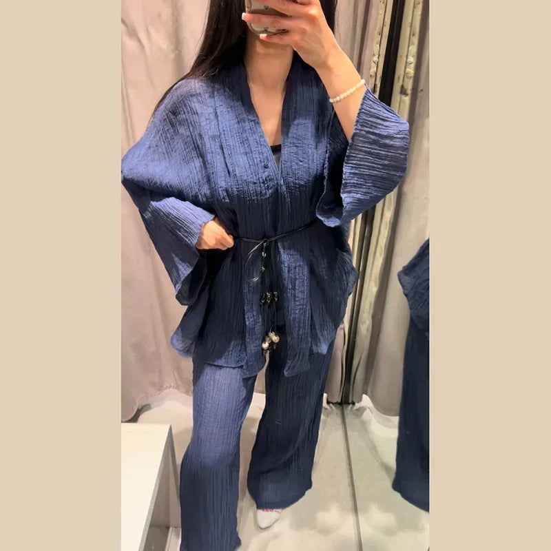 Women's Lace Up Blouses Pants Sets V-neck Long Flare Sleeve Tops Wide Leg Trousers Suit Women 2026 Summer Casual 2 Pieces Set