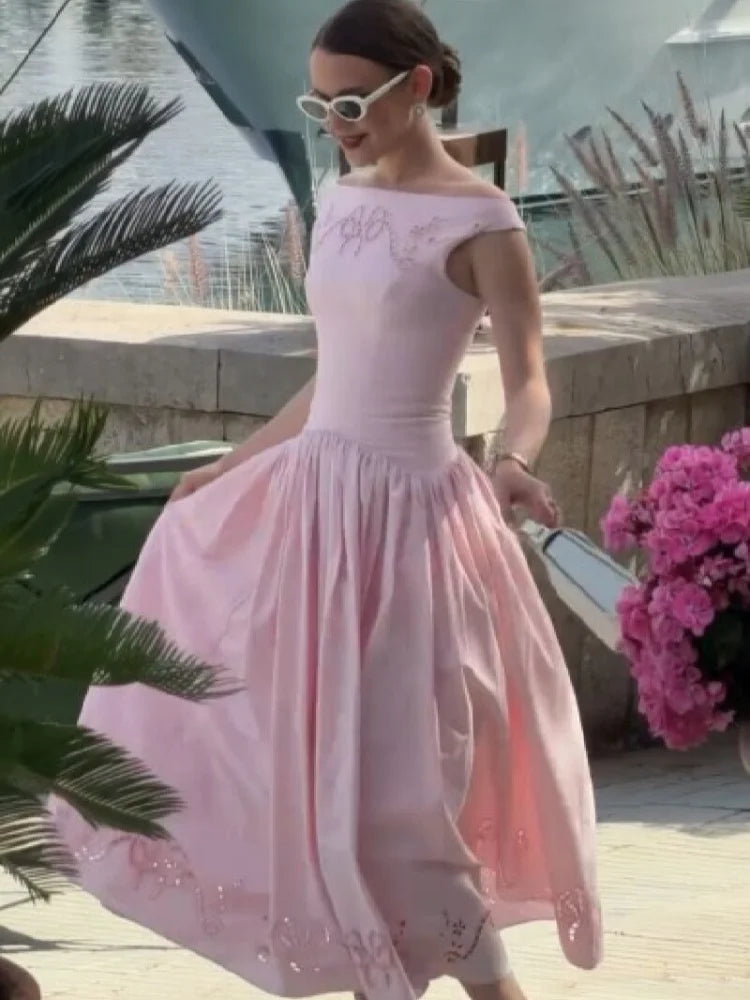 Minimalist White Boat Neck Midi Dress Women Elegant Cap Sleeve A-line Flare Eyelet Embroidery Vestido Wedding  Formal Party Gown