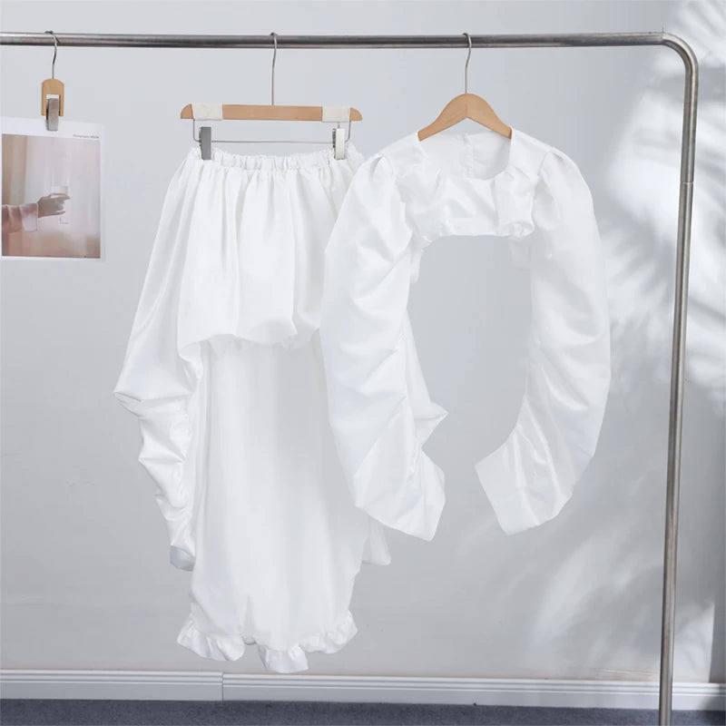 Fashion White Pleated Bubble Skirt Set Women O-neck Full Sleeve Crop Top Chic Puff Skirts Suits 2026 Lady Evening Party Outfit