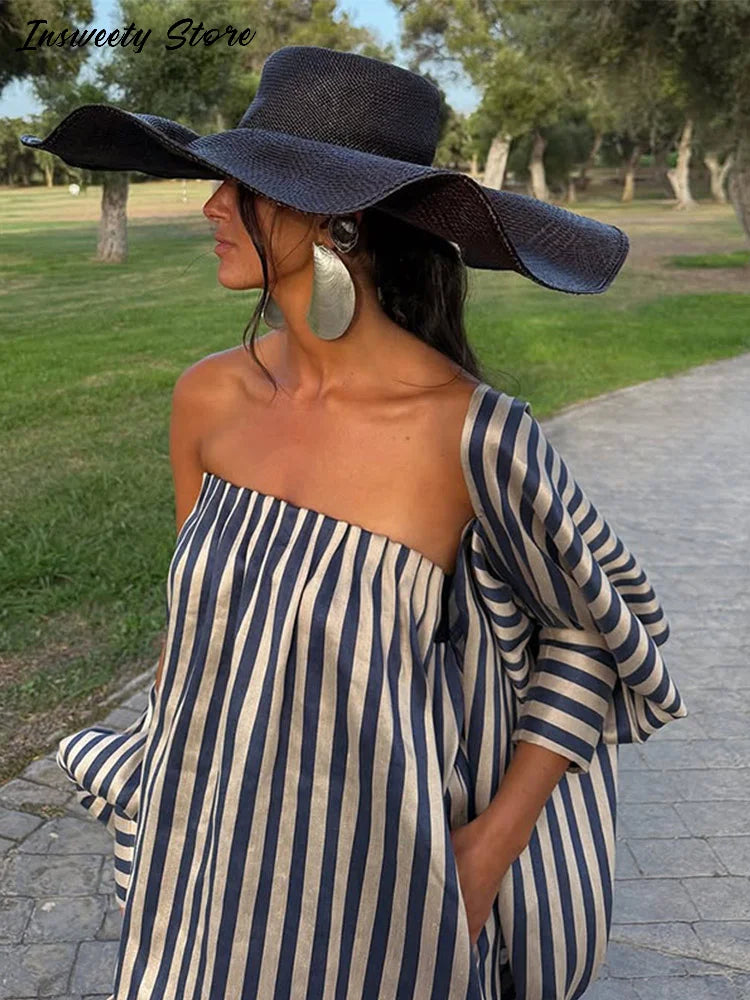 Fashion Stripe Capelet Strapless Dress Set Women's Detachable Shawl Loose Maxi Dresses 2026 Summer New Lady Casual Streetwear