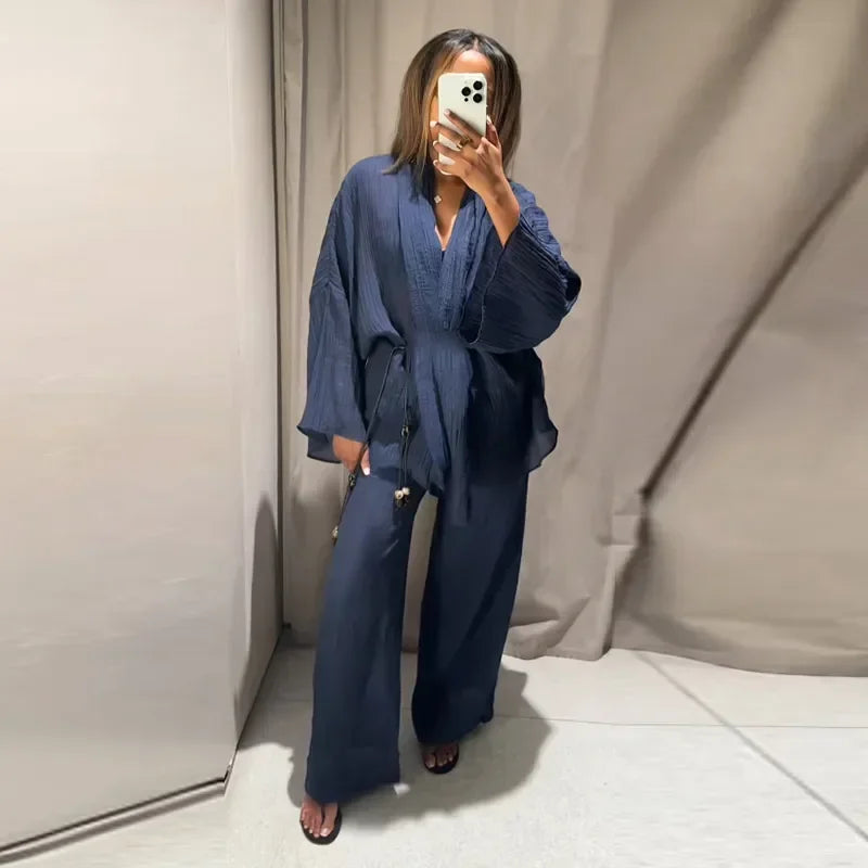 Women's Lace Up Blouses Pants Sets V-neck Long Flare Sleeve Tops Wide Leg Trousers Suit Women 2026 Summer Casual 2 Pieces Set