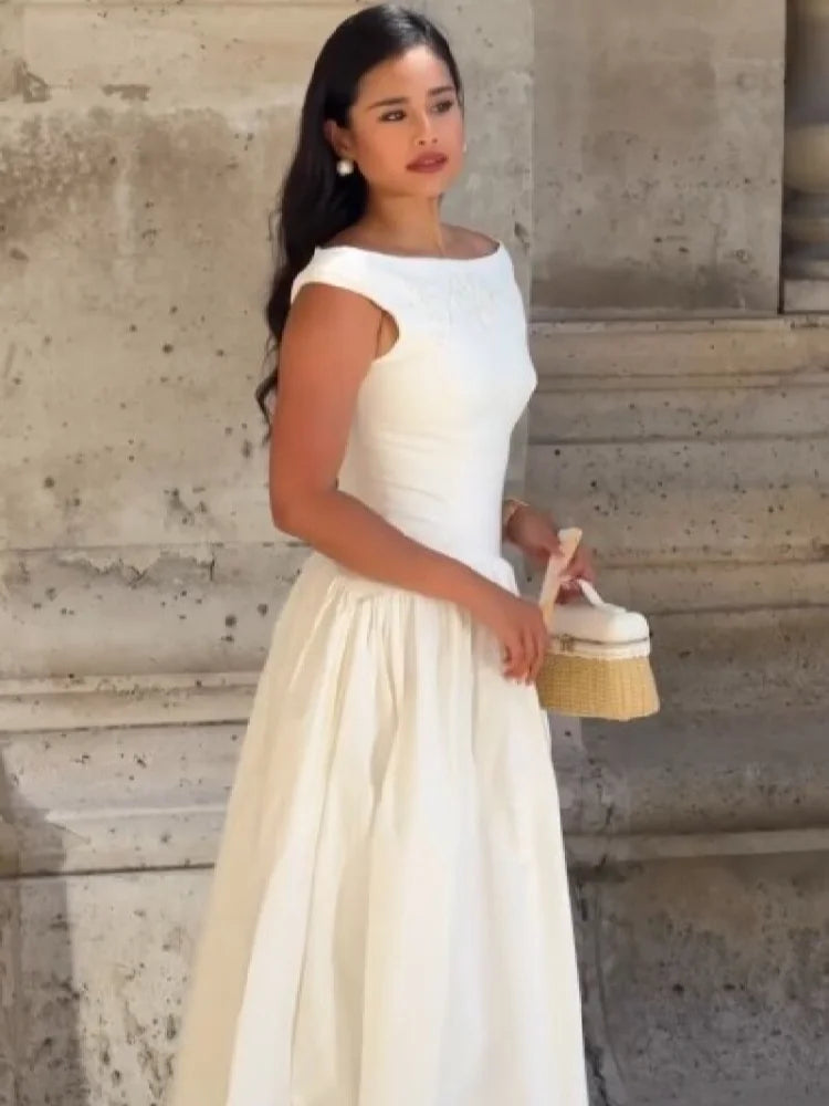 Minimalist White Boat Neck Midi Dress Women Elegant Cap Sleeve A-line Flare Eyelet Embroidery Vestido Wedding  Formal Party Gown