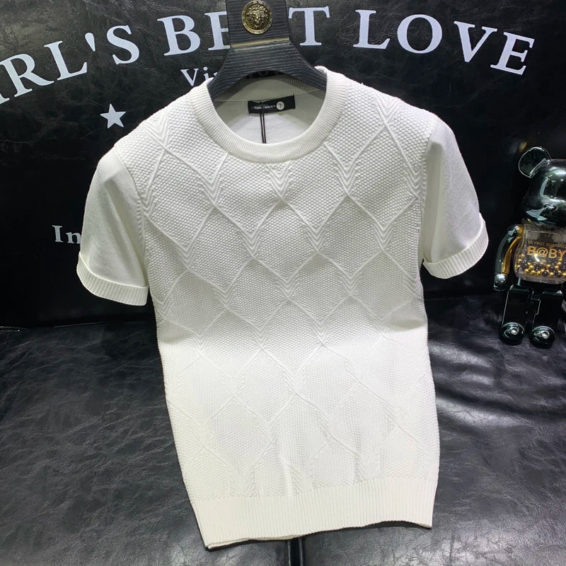2024 Summer New Versatile Knitted T-shirt Korean Clothing Fashion Solid Color Short Sleeve Trend Business Bottoming Tops A96