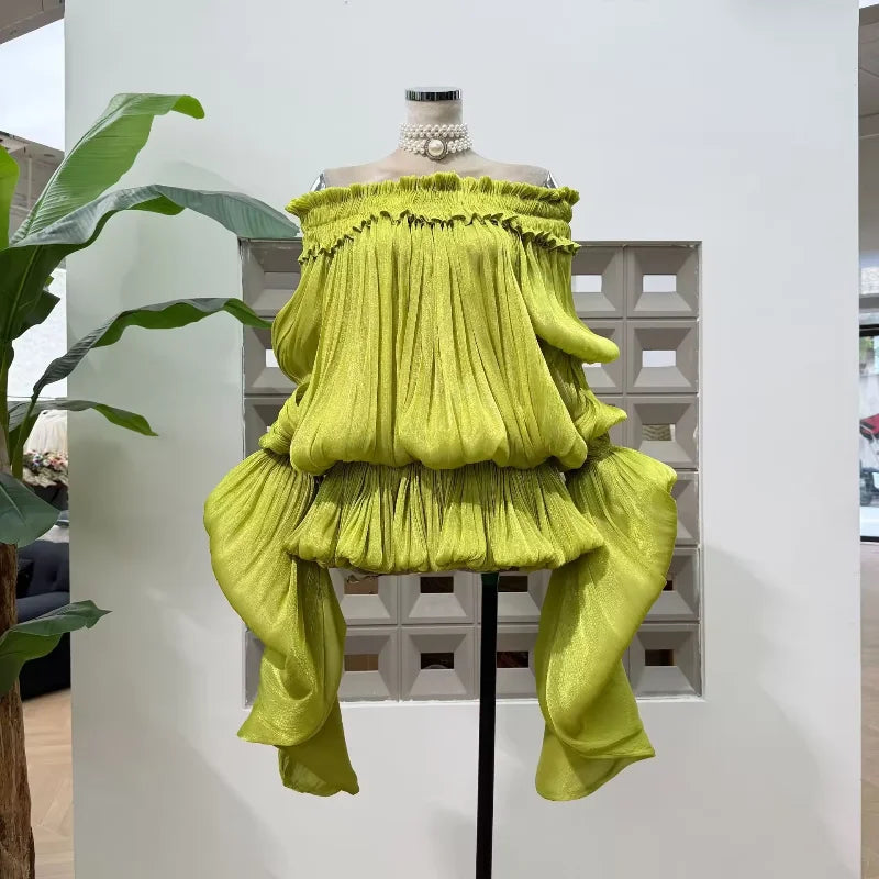 Fashion Off Shoulder Satin Ruffled Dress Set Elegant Puff Long Sleeve Irregular Hem Mini Skirt 2026 NEW Summer Lady Vestidos