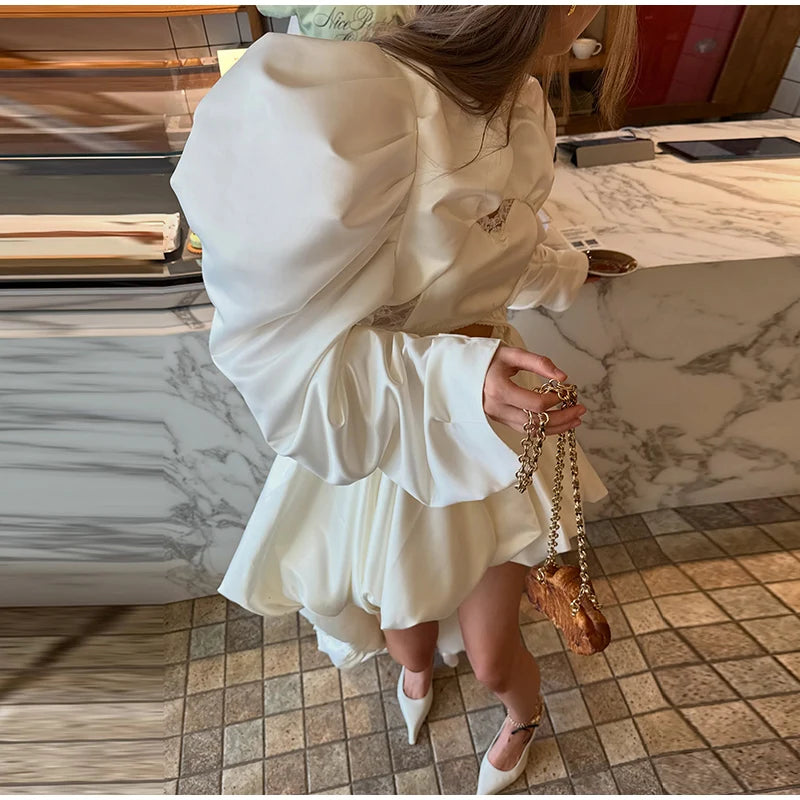 Fashion White Pleated Bubble Skirt Set Women O-neck Full Sleeve Crop Top Chic Puff Skirts Suits 2026 Lady Evening Party Outfit