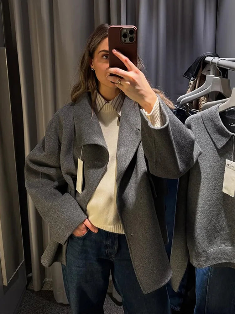 Elegant Woolen Single Breasted Jacket Women Loose Full Sleeve Big Pockets Lapel Outwear Lady 2026 Summer Autumn Coats Female