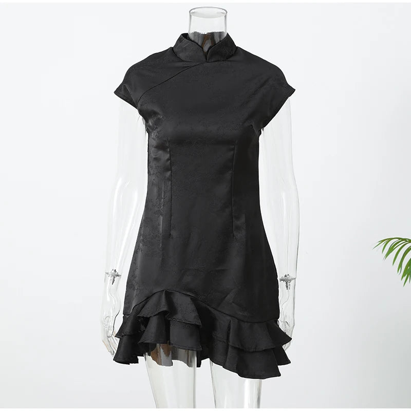Elegant Satin Irregular Ruffle Hem Mini Dress Women Solid Stand Collar Short Sleeve Slim Dressess 2026 Lady Party Evening Gown