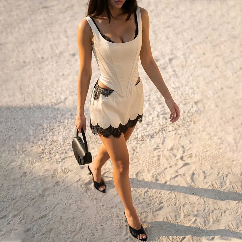 Square Neck Sleeveless Women's Two Piece Set Bone Support Corset Crop Top Waist Cut Out Mini Skirt Scallop Lace Trim Set 2026