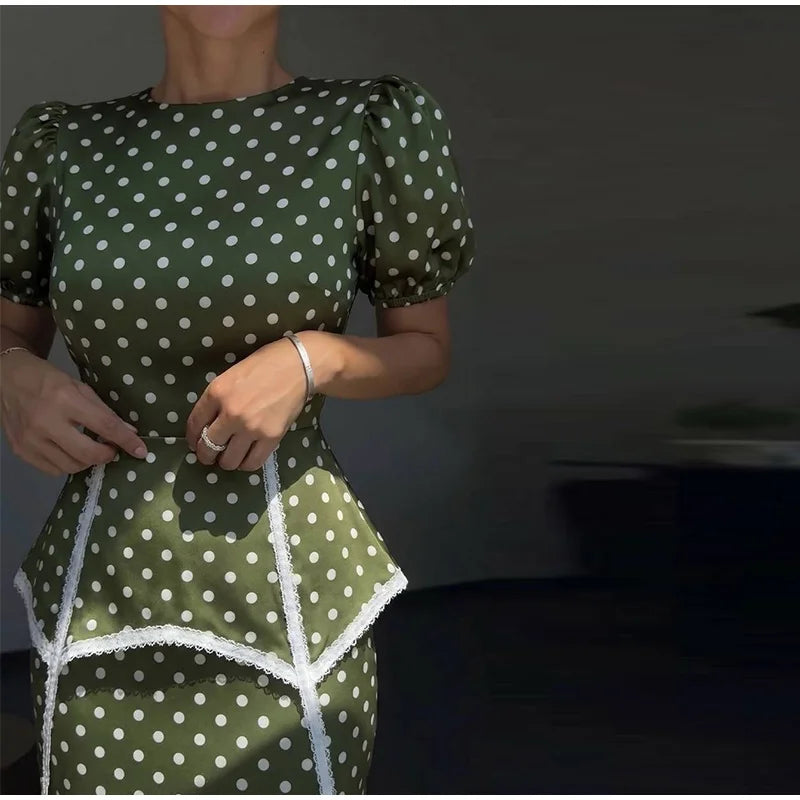 Polka Dot Women Dress Round Neck Puff Sleeve Dress High Waisted Mini Dress Waist Cincher Design Elegant Fashion Outfit 2026