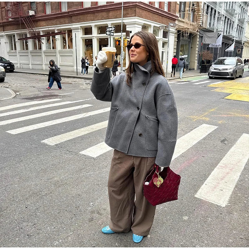 Elegant Woolen Single Breasted Jacket Women Loose Full Sleeve Big Pockets Lapel Outwear Lady 2026 Summer Autumn Coats Female