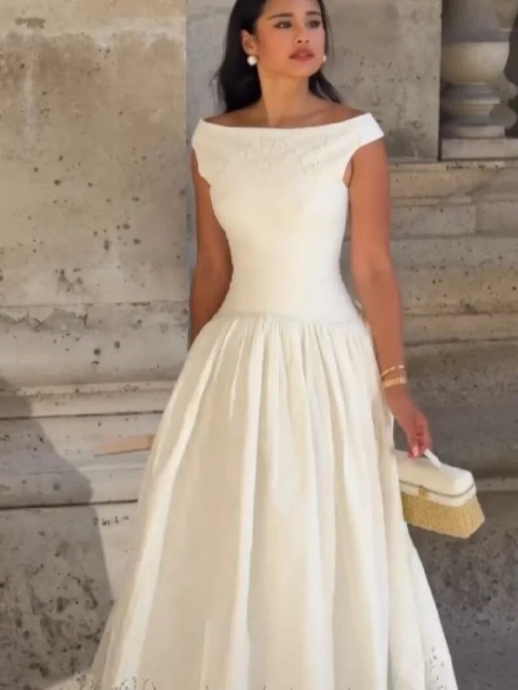 Minimalist White Boat Neck Midi Dress Women Elegant Cap Sleeve A-line Flare Eyelet Embroidery Vestido Wedding  Formal Party Gown