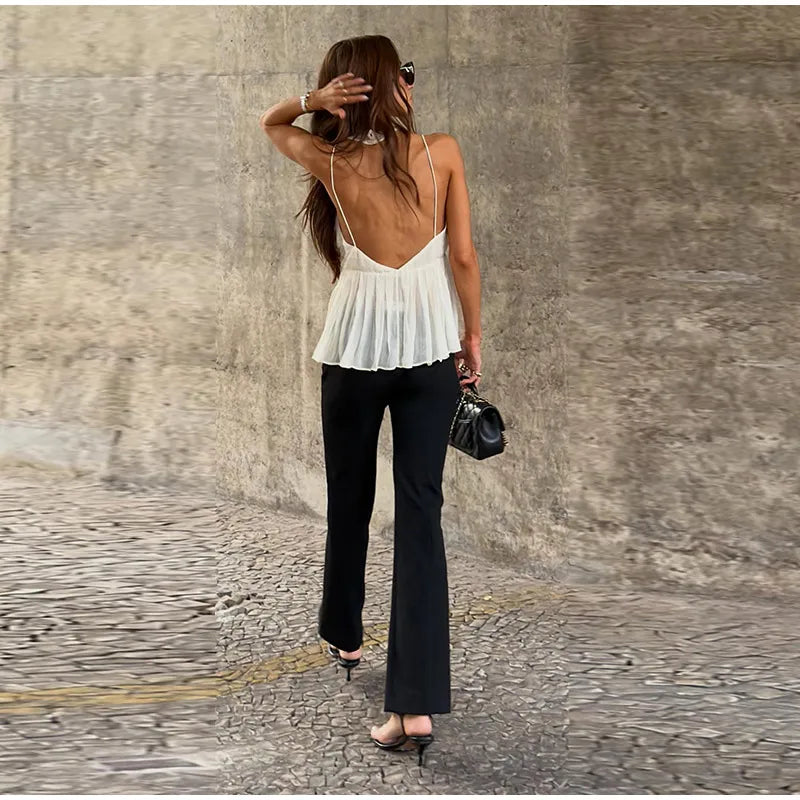 Fashion Asymmetric Floral Lace Halter Neck Cami Women's Sleeveless Chiffon Ruffle Hem Top 2026 Summer Lady Beach Vacation Wear