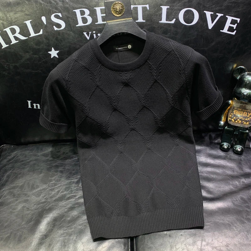 2024 Summer New Versatile Knitted T-shirt Korean Clothing Fashion Solid Color Short Sleeve Trend Business Bottoming Tops A96