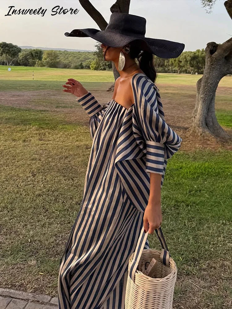 Fashion Stripe Capelet Strapless Dress Set Women's Detachable Shawl Loose Maxi Dresses 2026 Summer New Lady Casual Streetwear