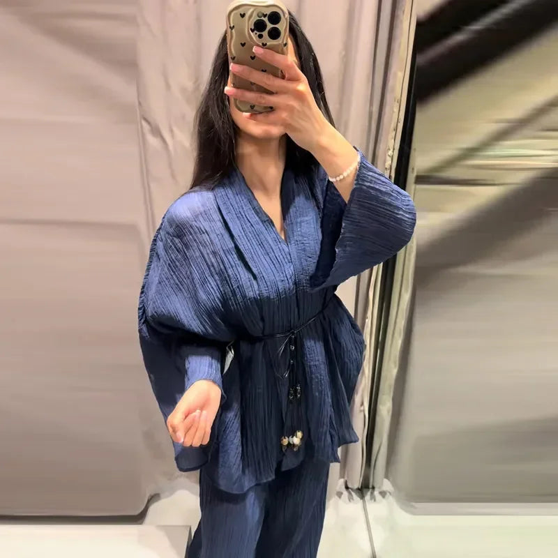 Women's Lace Up Blouses Pants Sets V-neck Long Flare Sleeve Tops Wide Leg Trousers Suit Women 2026 Summer Casual 2 Pieces Set