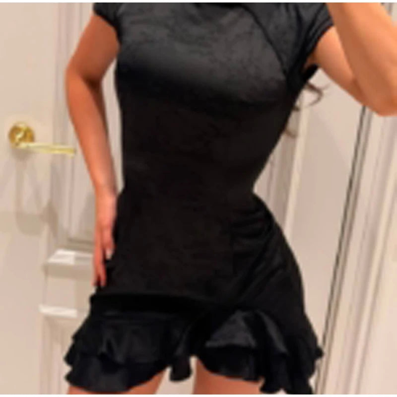 Elegant Satin Irregular Ruffle Hem Mini Dress Women Solid Stand Collar Short Sleeve Slim Dressess 2026 Lady Party Evening Gown