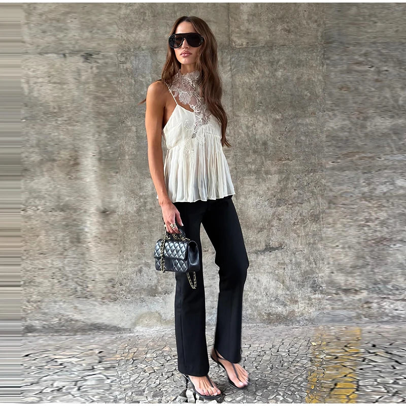 Fashion Asymmetric Floral Lace Halter Neck Cami Women's Sleeveless Chiffon Ruffle Hem Top 2026 Summer Lady Beach Vacation Wear