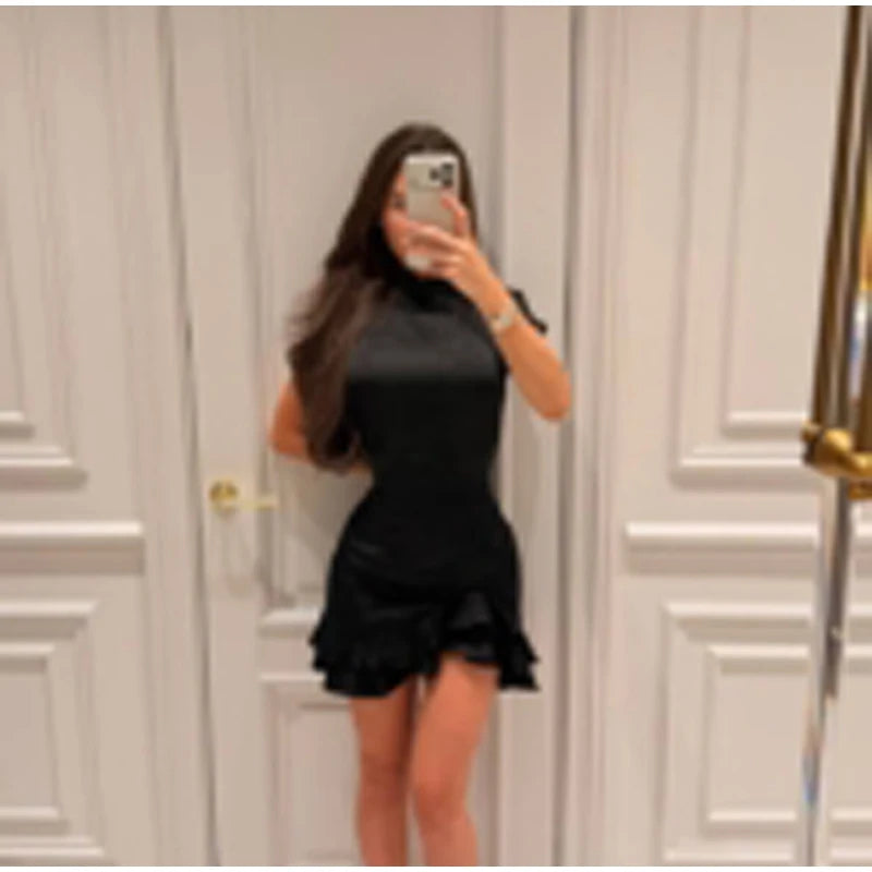 Elegant Satin Irregular Ruffle Hem Mini Dress Women Solid Stand Collar Short Sleeve Slim Dressess 2026 Lady Party Evening Gown