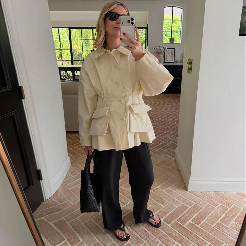 Elegant Woolen Single Breasted Jacket Women Loose Full Sleeve Big Pockets Lapel Outwear Lady 2026 Summer Autumn Coats Female