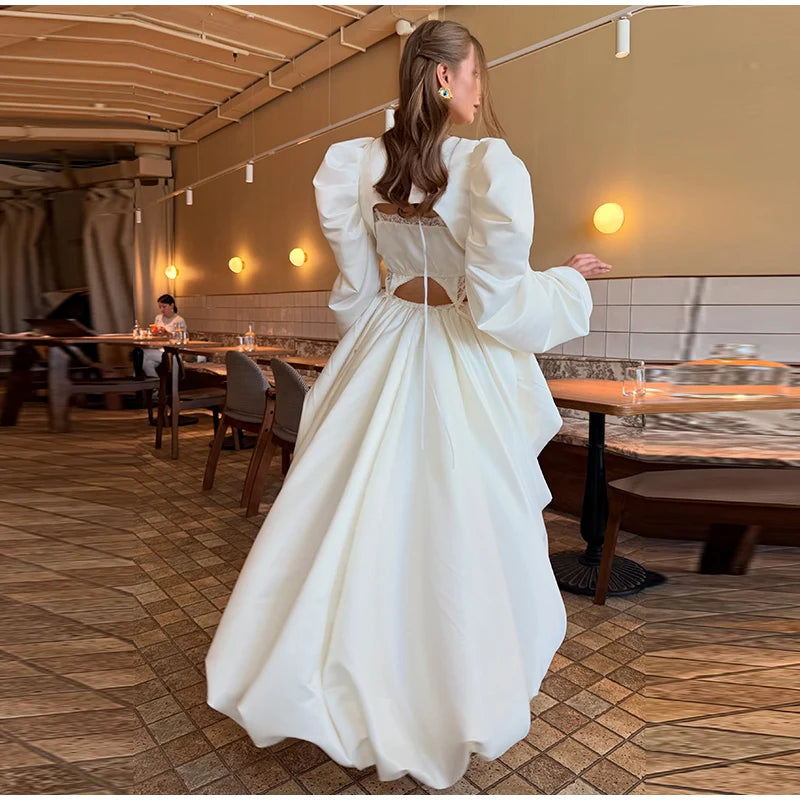 Fashion White Pleated Bubble Skirt Set Women O-neck Full Sleeve Crop Top Chic Puff Skirts Suits 2026 Lady Evening Party Outfit