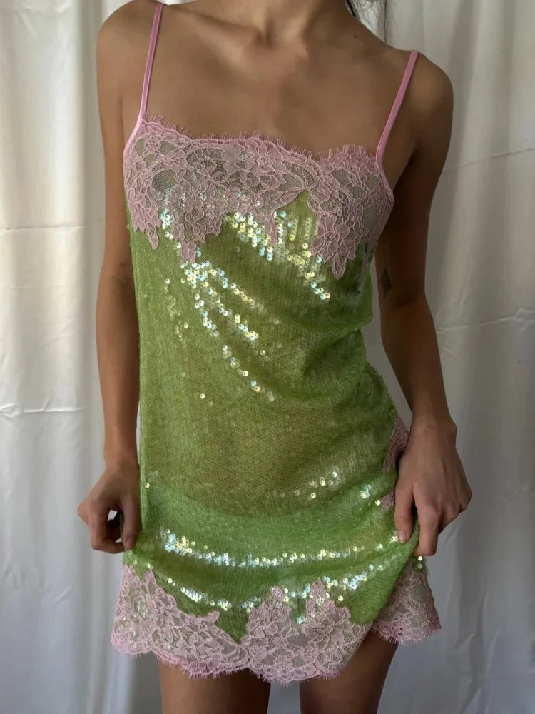 Sexy Sequin Lace Trim Dress Women Fashion V-neck Sleeveless High Waist Mini Sling Dresses 2026 Summer Lady Vacation Robe