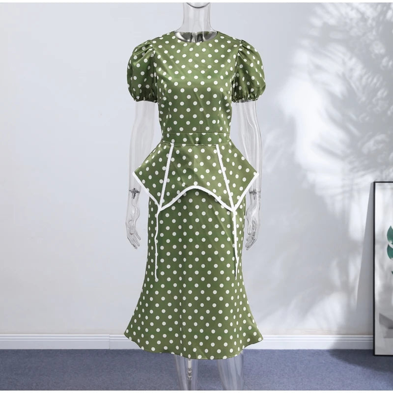 Polka Dot Women Dress Round Neck Puff Sleeve Dress High Waisted Mini Dress Waist Cincher Design Elegant Fashion Outfit 2026