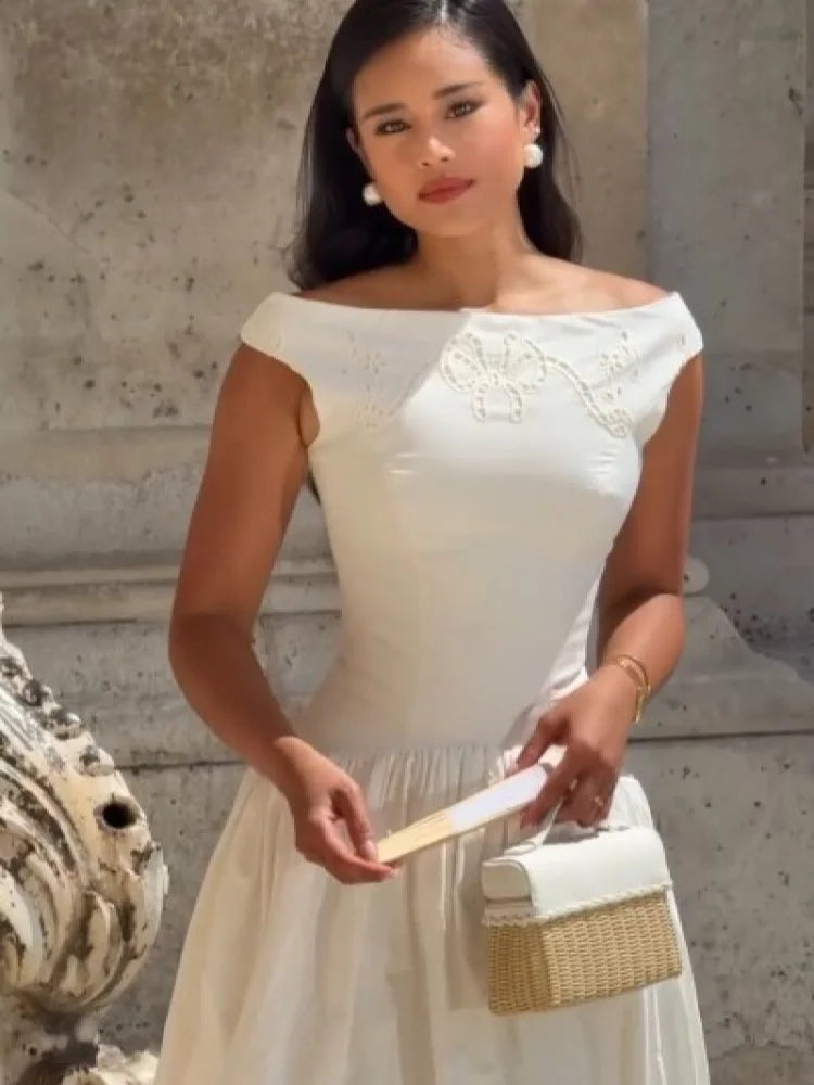 Minimalist White Boat Neck Midi Dress Women Elegant Cap Sleeve A-line Flare Eyelet Embroidery Vestido Wedding  Formal Party Gown