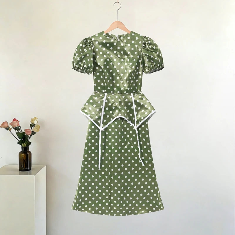 Women's Polka Dot Peplum Waist Dress Round Neck Puff Sleeve Fitted Silhouette Lace Trim Structured Midi Gown Elegant Slim